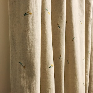 Modern Vintage Mustard Mini Tulips Pattern Washed Linen Cotton Curtain Raw Natural Linen Background Drapery 53 Width Various Custom Lengths