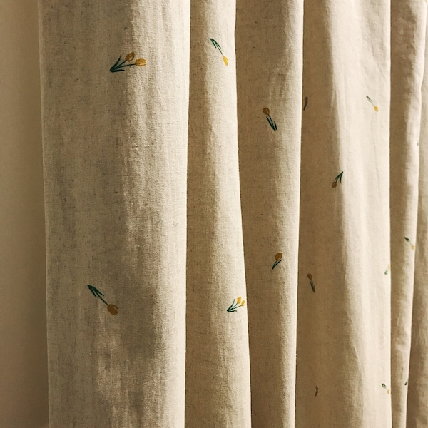 Modern Vintage Mustard Mini Tulips Pattern Washed Linen Cotton Curtain Raw Natural Linen Background Drapery 53 Width Various Custom Lengths