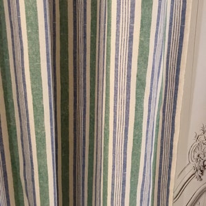 Modern Vintage Faded Forest Green Blue Natural Beige Vertical Striped Linen Cotton Curtain Drapery 53 Width Various Lengths Custom Drapes