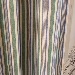 Modern Vintage Faded Forest Green Blue Natural Beige Vertical Striped Linen Cotton Curtain Drapery 53 Width Various Lengths Custom Drapes