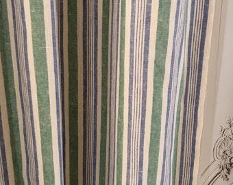 Modern Vintage Faded Forest Green Blue Natural Beige Vertical Striped Linen Cotton Curtain Drapery 53 Width Various Lengths Custom Drapes