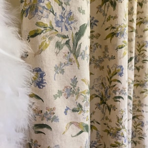Modern Vintage Blue Green Floral Pattern Washed Linen Cotton Curtain Natural Beige Background Drapery Panel 53 Width Various Custom Lengths