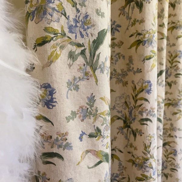 Modern Vintage Blue Green Floral Pattern Washed Linen Cotton Curtain Natural Beige Background Drapery Panel 53 Width Various Custom Lengths