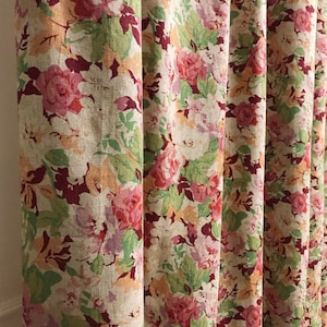 Modern Vintage Burgundy Pink Floral Pattern Washed Linen Rayon Blend Curtain Raw Natural Linen Background Drapery 50 Width Various Lengths