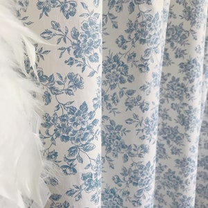 Modern Vintage Blue Floral Pattern Soft Cotton Curtain Ivory Background Drapery Panel 53 Width Various Lengths Custom Drapes