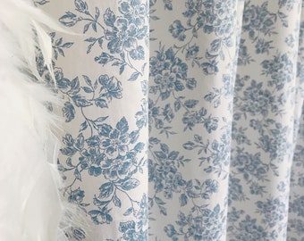 Modern Vintage Blue Floral Pattern Soft Cotton Curtain Ivory Background Drapery Panel 55 Width Various Lengths Custom Drapes