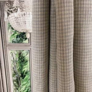 Modern Vintage Light Mint Gray Tiny Plaid Pattern Linen Curtain Natural Beige Background Drapery Panel 55Width Various Lengths Custom Drapes