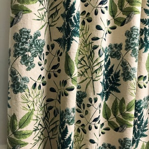 Modern Vintage Green Leaf Pattern Washed Linen Cotton Curtain Raw Natural Linen Beige Background Drapery Panel 55 inch Width Various Lengths