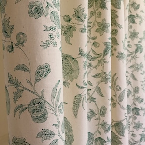 Modern Vintage Green Floral Patterned Oxford Cotton Curtain Natural Beige Background Drapery Panel 39 in Width Various Lengths Custom Drapes