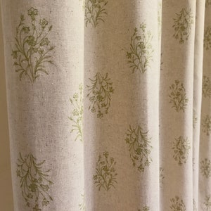 Modern Vintage Olive Green Floral Pattern Washed Linen Cotton Curtain Natural Beige Background Drapery Panel 53 Width Various Custom Lengths