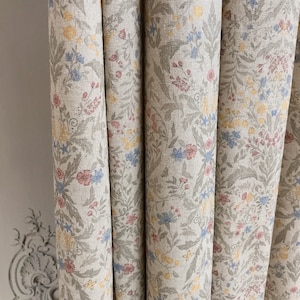 Modern Vintage Muted Multicolor Floral Pattern Washed Linen Cotton Curtain Natural Beige Background Drapery 53 Width Various Custom Lengths