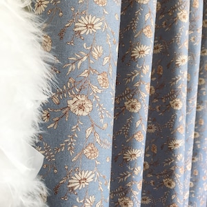 Modern Vintage Natural Beige Floral Pattern Washed Linen Cotton Curtain Blue Grey Background Drapery Panel 53 Width Various Custom Lengths