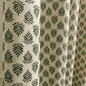 Modern Vintage Deep Green Leaves Pattern Washed Linen Cotton Curtain Natural Beige Background Drapery Panel 53 Width Various Custom Lengths