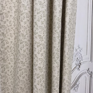 Modern Vintage Sage Green Floral Pattern Washed Linen Cotton Curtain Natural Beige Background Drapery Panel 53 Width Various Custom Lengths