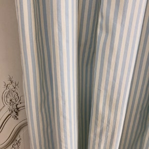 Modern Vintage Faded Light Blue Striped Curtain with Ivory Background Cotton Drapery Panel 55 Width Various Lengths Custom Drapes