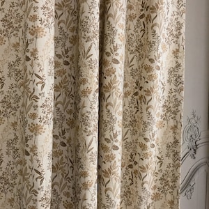 Modern Vintage Brown Floral Herbal Print Washed Linen Cotton Curtain Natural Beige Background Drapery Panel 53 Width Various Custom Lengths
