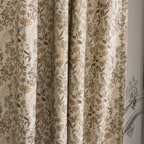 Modern Vintage Brown Floral Herbal Print Washed Linen Cotton Curtain Natural Beige Background Drapery Panel 53 Width Various Custom Lengths