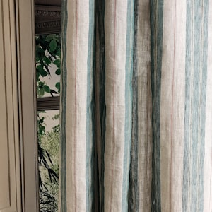 Modern Vintage Teal Green Red Vertical Stripes Pattern Linen Curtain Natural Beige Background Drapery 52 Width Various Lengths Custom Drapes