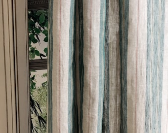 Modern Vintage Teal Green Red Vertical Stripes Pattern Linen Curtain Natural Beige Background Drapery 52 Width Various Lengths Custom Drapes