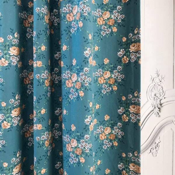 Modern Vintage Light Mustard Floral Pattern Bio Washed Linen Cotton Curtain Teal Background Drapery Panel 53 Width Various Custom Lengths