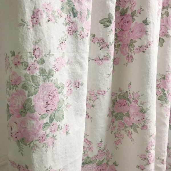 Modern Vintage Light Pink Floral Pattern Washed Linen Cotton Curtain White Background Drapery Panel 53 Width Various Lengths Custom Drapes