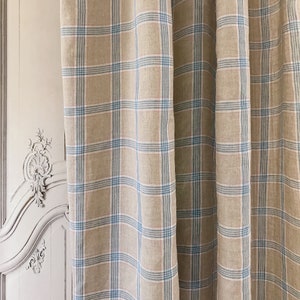 Modern Vintage Blue White Plaid Pattern Washed Linen Checkered Curtain Light Gray Background Drapery Panel 53 Width Various Custom Lengths