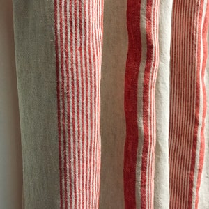 Vintage Red Vertical Striped Accent Linen Curtain Raw Linen Natural Beige Background Drapery Panel 39 Width Various Lengths Custom Drapes