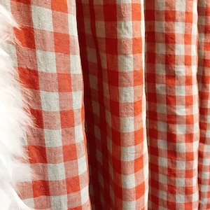 Modern Vintage Vermilion Red Plaid Pattern Linen Curtain Natural Tan Beige Background Drapery Panel 55 Width Various Lengths Custom Drapes