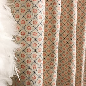 Modern Vintage Retro Pink Navy Blue Floral Pattern Cotton Curtain Beige Ivory Background Drapery Panel 53Width Various Lengths Custom Drapes