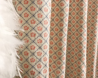 Modern Vintage Retro Pink Navy Blue Floral Pattern Cotton Curtain Beige Ivory Background Drapery Panel 53Width Various Lengths Custom Drapes