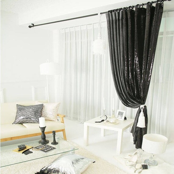 Glitter Silver Weave Squared Black Sheer Curtain Voile Panel Image 0