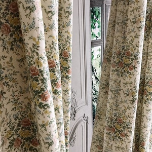 Modern Vintage Toned Down Pink Floral Pattern Washed Cotton Curtain Natural Beige Background Drapery 53 Width Various Lengths Custom Drapes