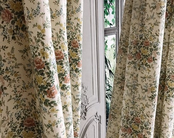 Modern Vintage Toned Down Pink Floral Pattern Washed Cotton Curtain Natural Beige Background Drapery 53 Width Various Lengths Custom Drapes