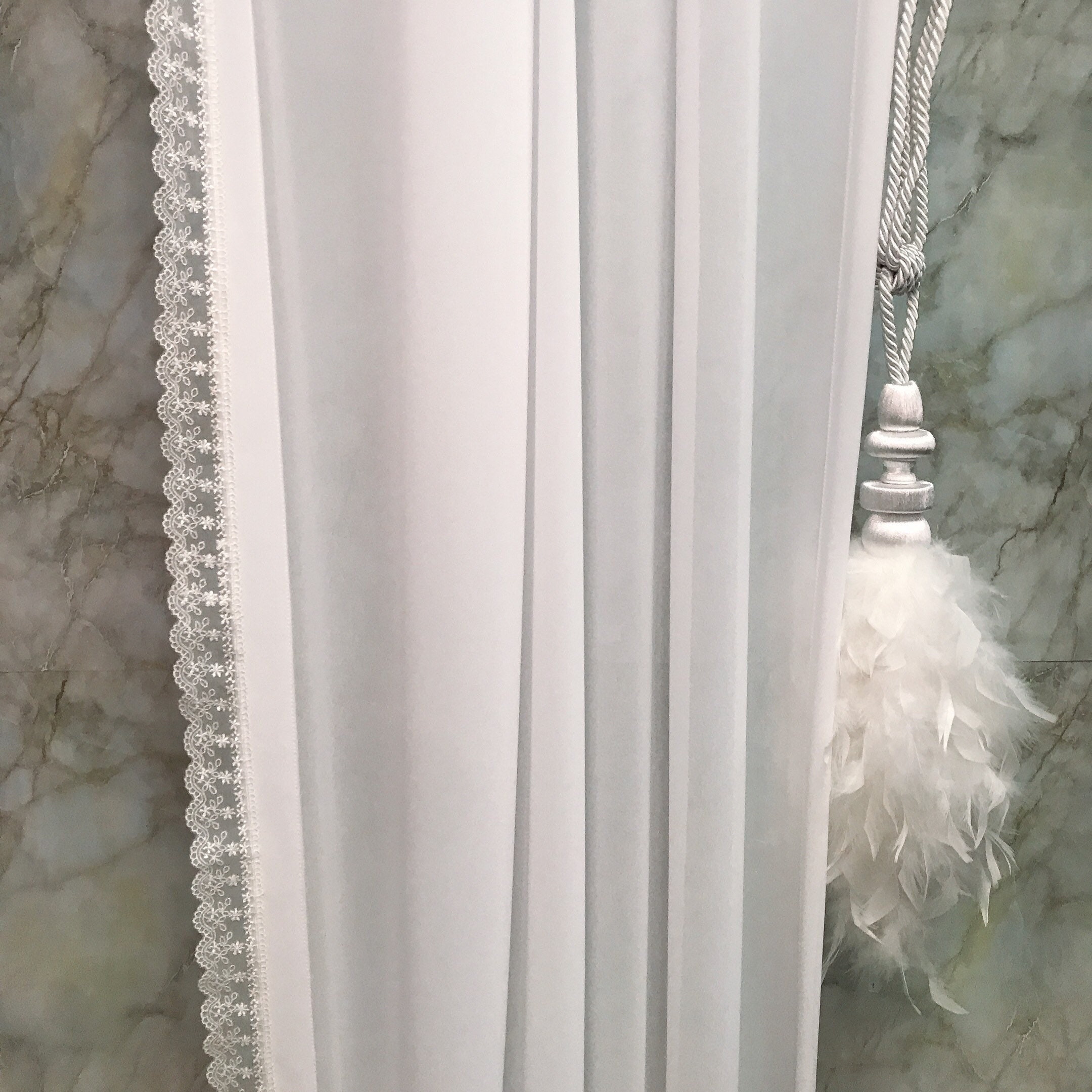 White Lace Edging Trimmed Sheer Curtain Drapery Panel 84 90 96 Etsy