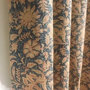 Modern Vintage Beige Wild Flowers Pattern Washed Linen Cotton Curtain Navy Blue Background Drapery 55 Width Various Lengths Custom Drapes