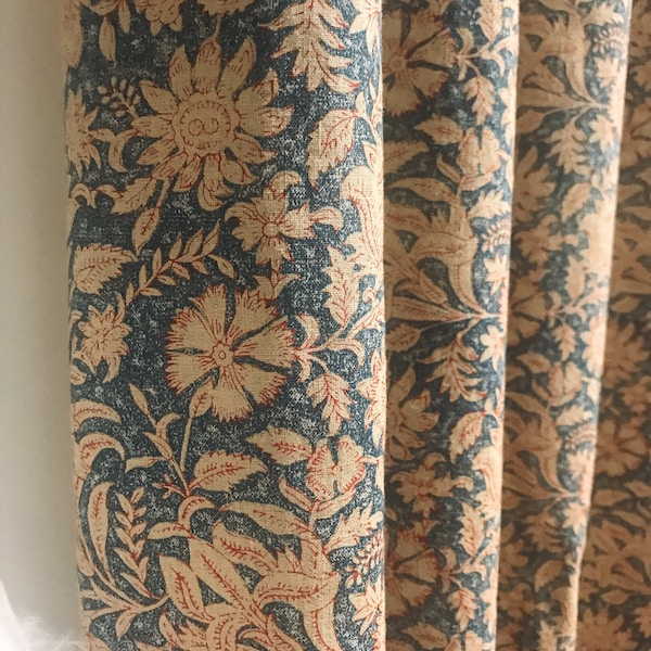 Modern Vintage Beige Wild Flowers Pattern Washed Linen Cotton Curtain Navy Blue Background Drapery 55 Width Various Lengths Custom Drapes