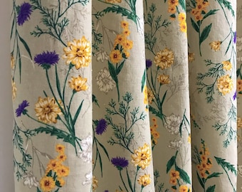 Modern Vintage Wild Flowers Pattern Bio Washed Linen Cotton Curtain Khaki Beige Background Drapery 53 Width Various Lengths Custom Drapes