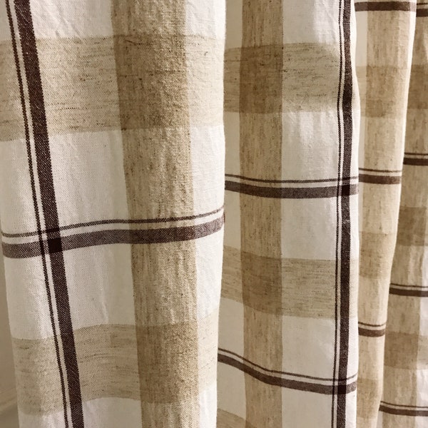 Modern Vintage Brown Beige Ivory Checkered Plaid Curtain Washed Linen Cotton Drapery Panel 55 Width Various Lengths Custom Drapes