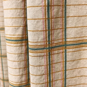 Modern Vintage Mustard Teal Baby Pink Check Plaid Curtains Natural Beige Background Drapery Panel 53 Width Various Lengths Custom Drapes