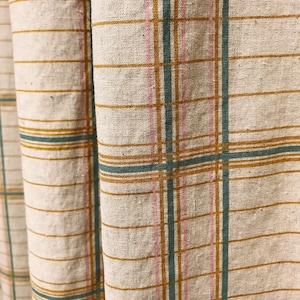 Modern Vintage Mustard Teal Baby Pink Check Plaid Curtains Natural Beige Background Drapery Panel 53 Width Various Lengths Custom Drapes