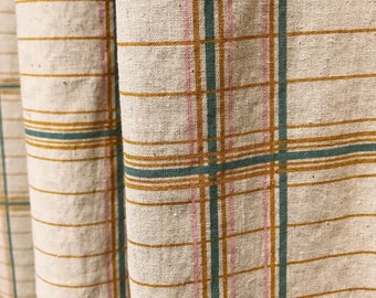Modern Vintage Mustard Teal Baby Pink Check Plaid Curtains Natural Beige Background Drapery Panel 53 Width Various Lengths Custom Drapes