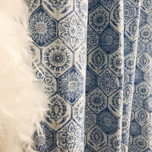 Modern Vintage Blue Hexagonal Block Print Pattern Washed Linen Cotton Curtain White Background Drapery 55Width Various Lengths Custom Drapes