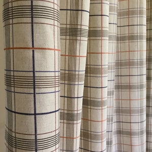 Modern Vintage Orange Brown Indigo Blue Check Plaid Curtain Washed Linen Cotton Natural Beige Background Drapery 53 Width Various Lengths