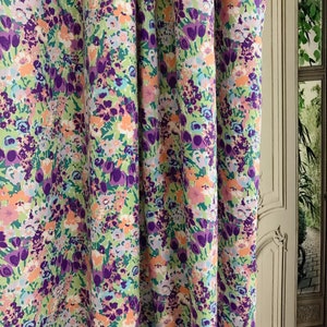 Modern Vintage Vivid Purple Pink Coral and Multi-color Floral Pattern Cotton Curtain Drapery Panel 53 Width Various Lengths Custom Drapes