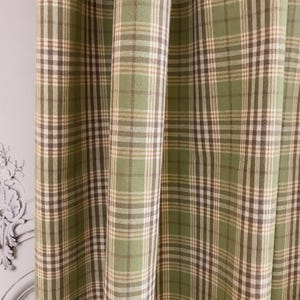 Modern Vintage Brown Mustard Tartan Plaid Check Curtain with Olive Green Background Cotton Drapery 39 Width Various Lengths Custom Drapes