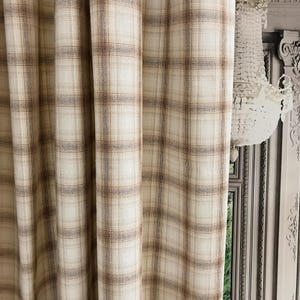 Modern Vintage Brown Blue Plaid Check Curtain with Natural Beige Background Yarn Dyed Cotton Drapery 39 Width Various Lengths Custom Drapes