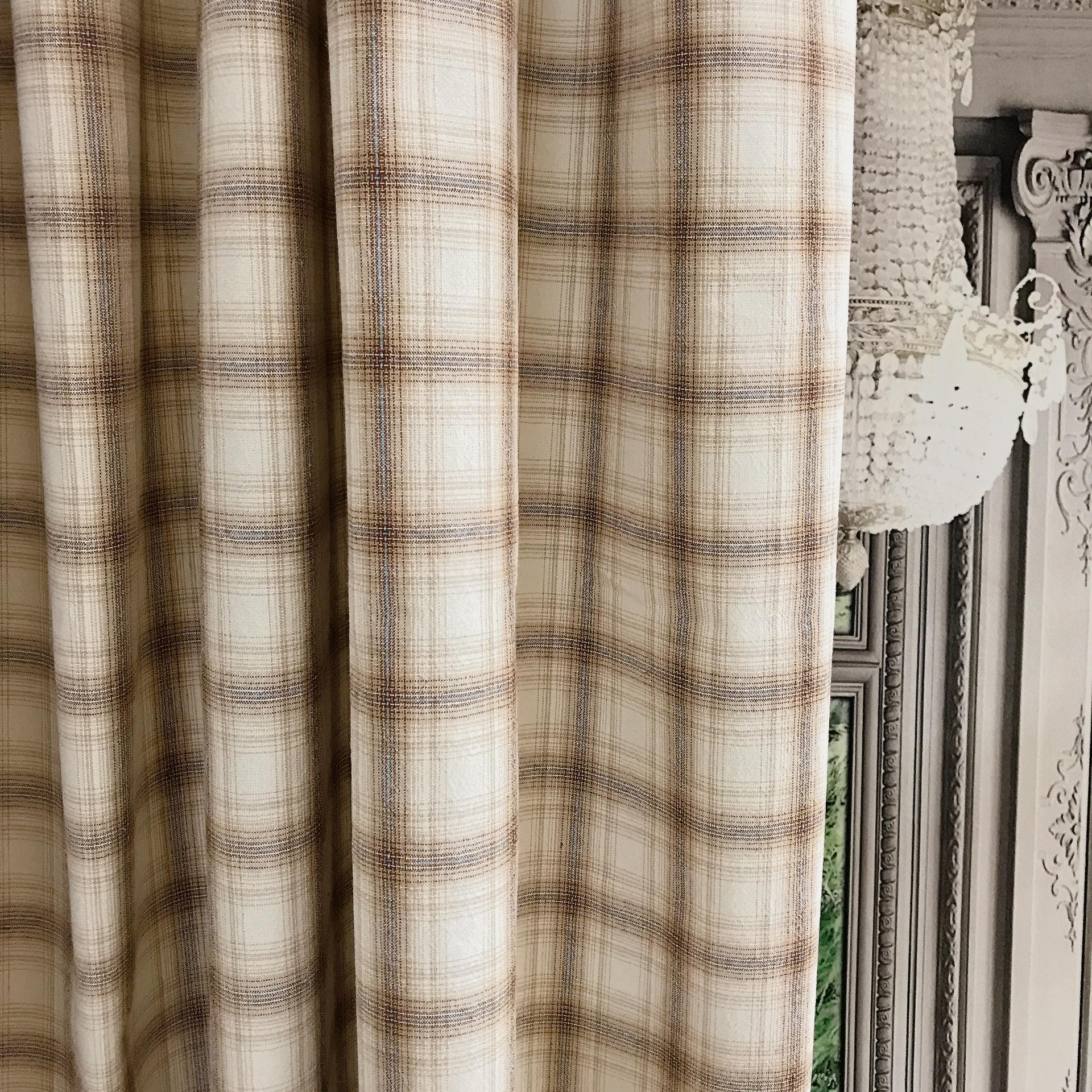 Modern Vintage Brown Blue Plaid Check Curtain with Natural Beige Background Yarn Dyed Cotton Drapery 39 Width Various Lengths Custom Drapes