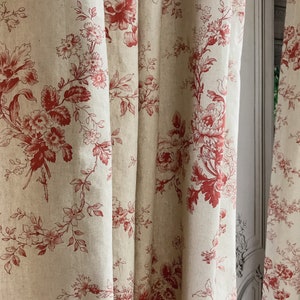 Modern Vintage Red Floral Pattern Bio Washed Linen Cotton Curtain Raw Natural Linen Background Drapery Panel 53 Width Various Custom Lengths image 3