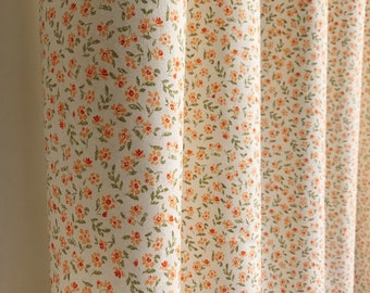 Vintage Mood Orange Red Floral Olive Leaves Pattern Soft Cotton Curtain Ivory Background Drapery Panel 39Width Various Lengths Custom Drapes