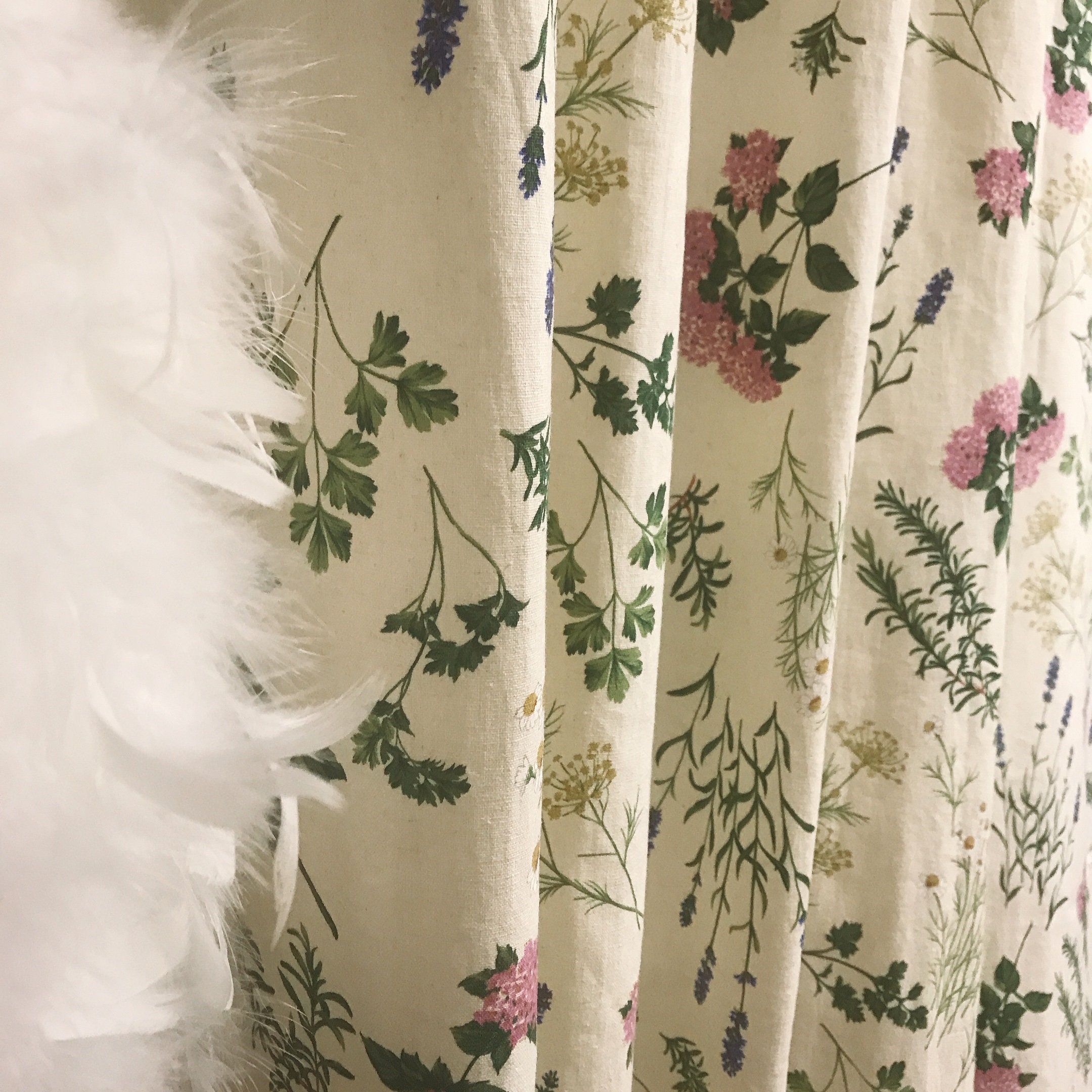 Modern Vintage Hydrangea Floral Pattern Washed Linen Cotton Curtain Ivory Background Drapery Panel 53 Width Various Lengths Custom Drapes